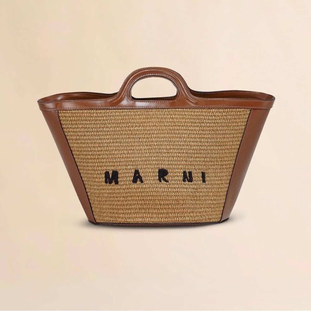 Marni Brown Leather & Straw Logo Tote